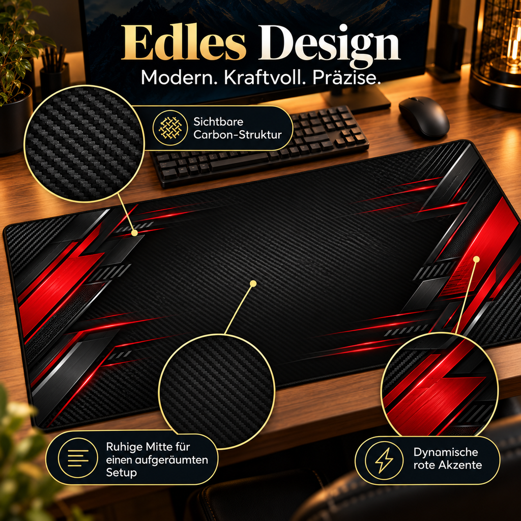 Carbon Racing Desk Mat mit sichtbarer Carbon Struktur und roten Akzenten