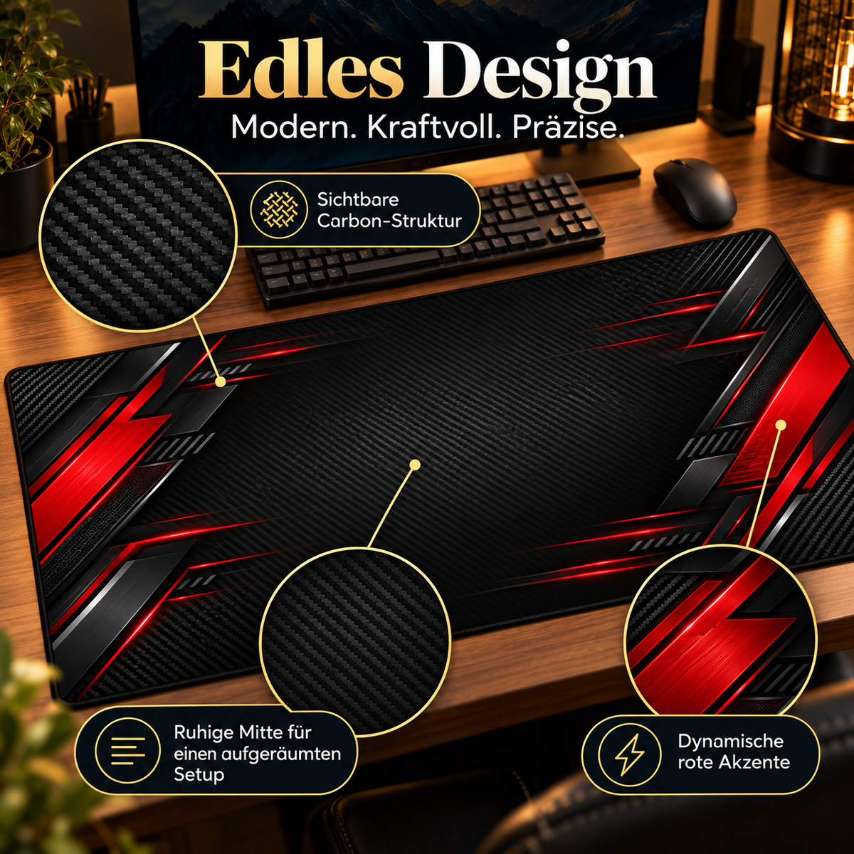 Carbon Racing Desk Mat mit sichtbarer Carbon Struktur und roten Akzenten