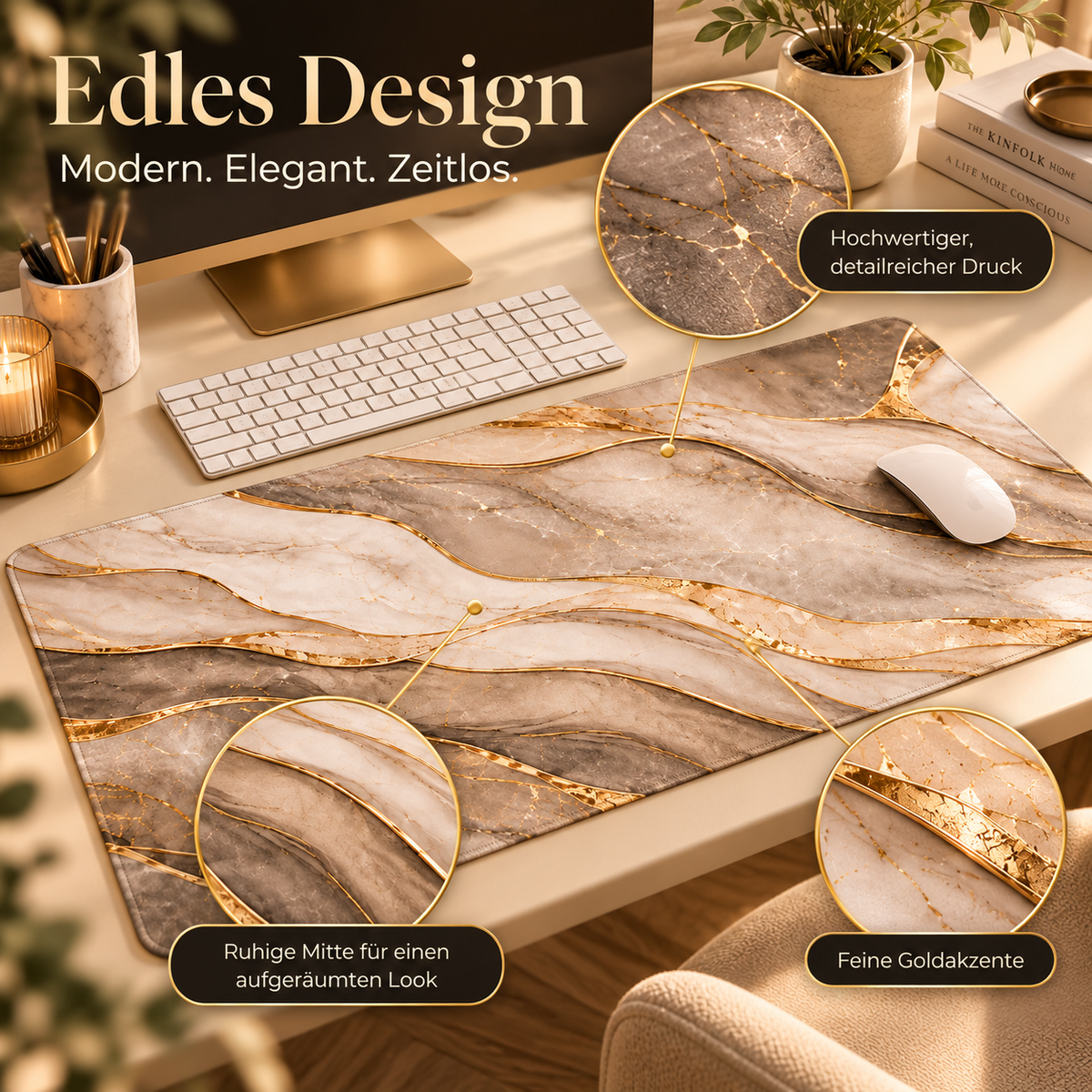 Taupe Art Deco Desk Mat mit feinen Goldakzenten und Marmoroptik