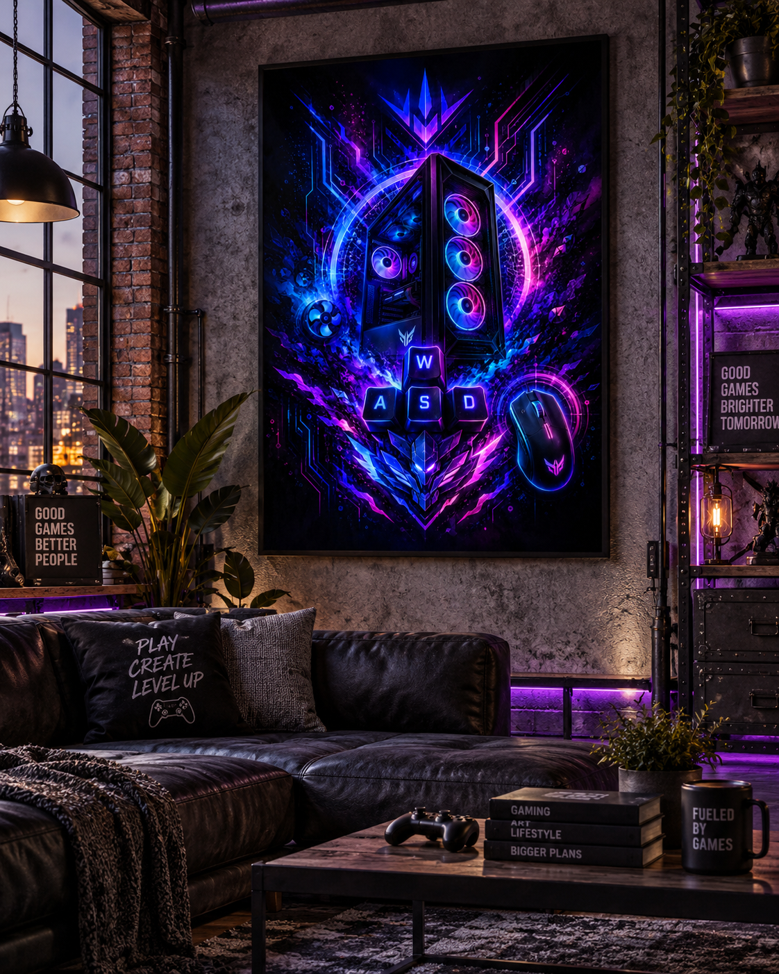 RGB-Gaming-PC mit WASD – Neon-Leinwandbild, Produktansicht 4