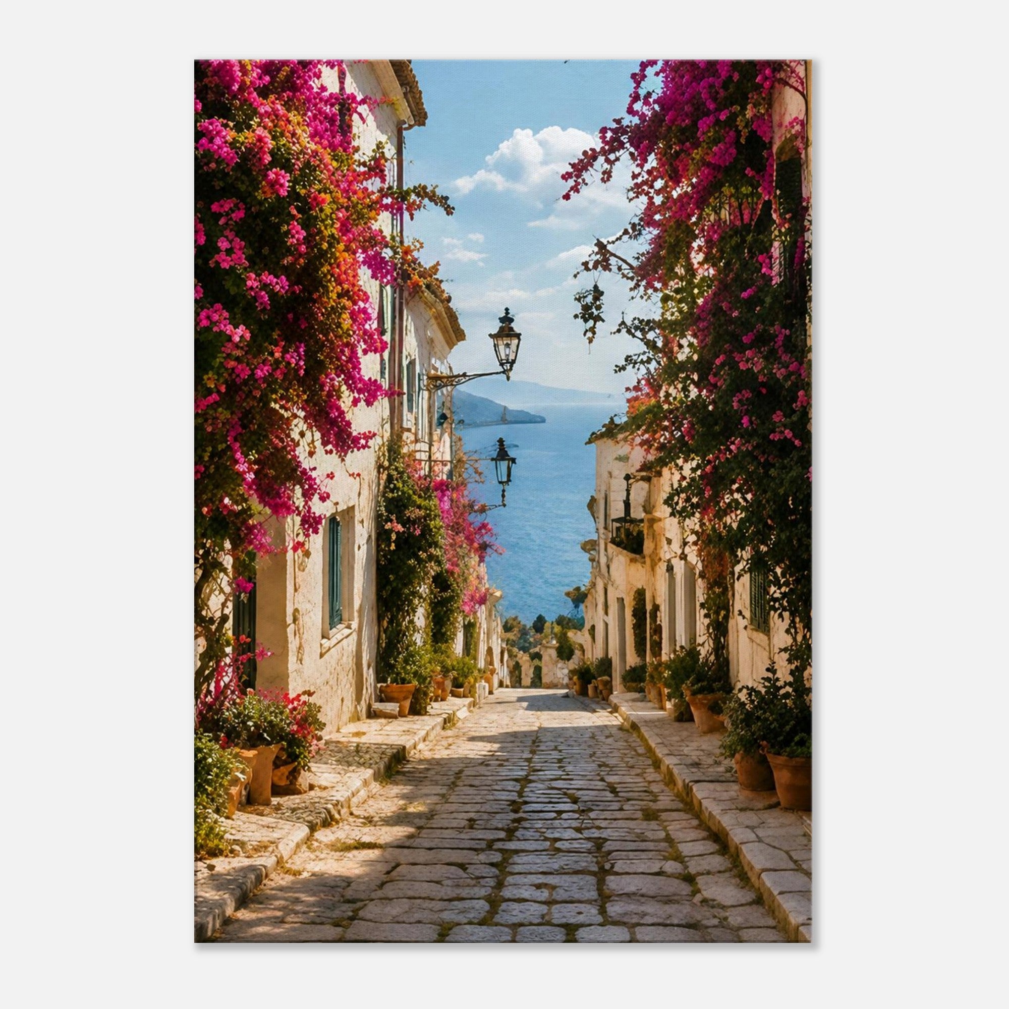 Mediterrane Gasse mit Bougainvillea – Leinwandbild