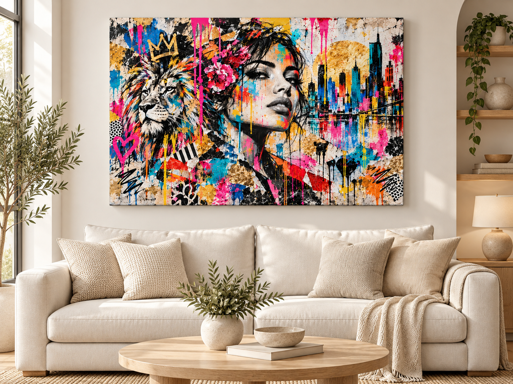 Street-Art Leinwandbild Löwe und Frau mit Skyline – Produktansicht 12