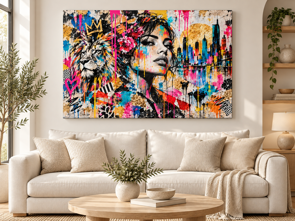 Street-Art Leinwandbild Löwe und Frau mit Skyline – Produktansicht 12