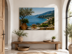 Olivenbaum-Terrasse mit Meerblick – Leinwandbild in einer Wohnraumansicht