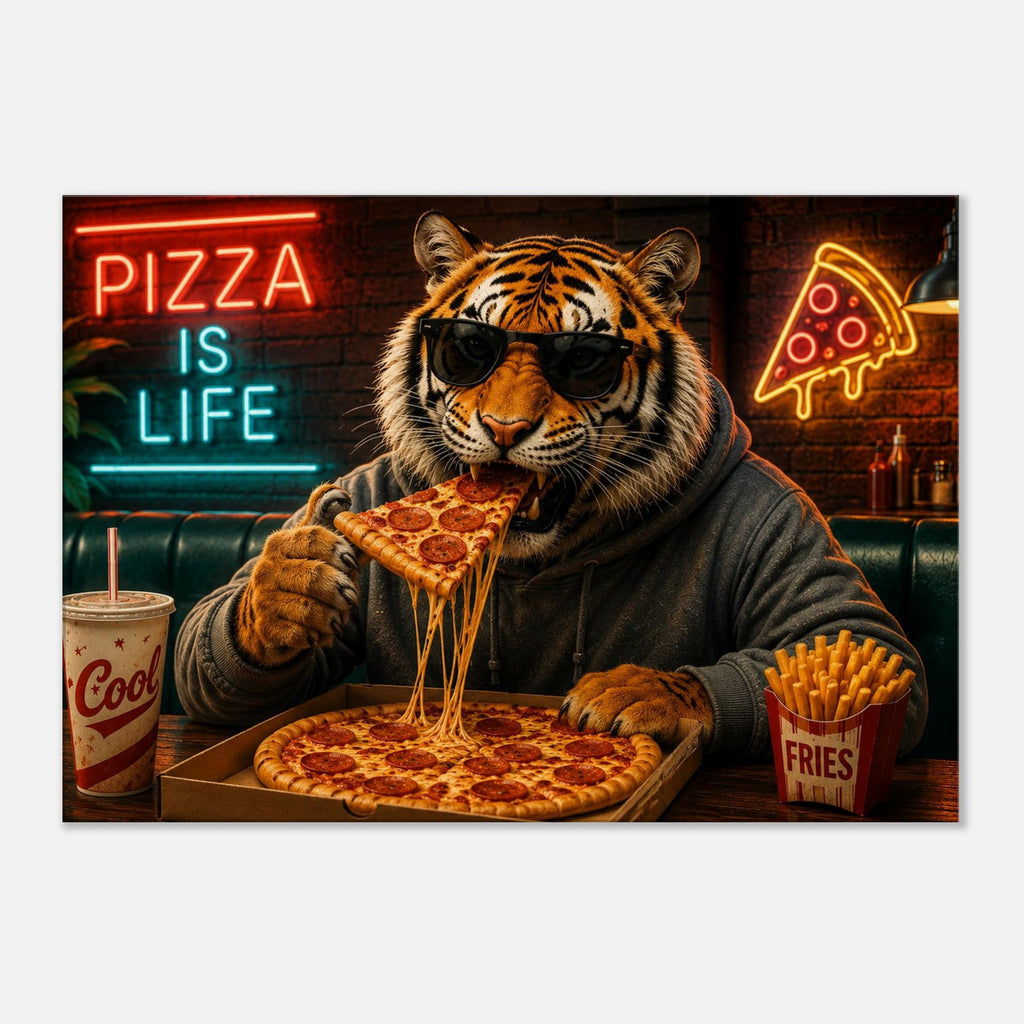 Tiger mit Pizza – humorvolles Leinwandbild, Produktansicht 1