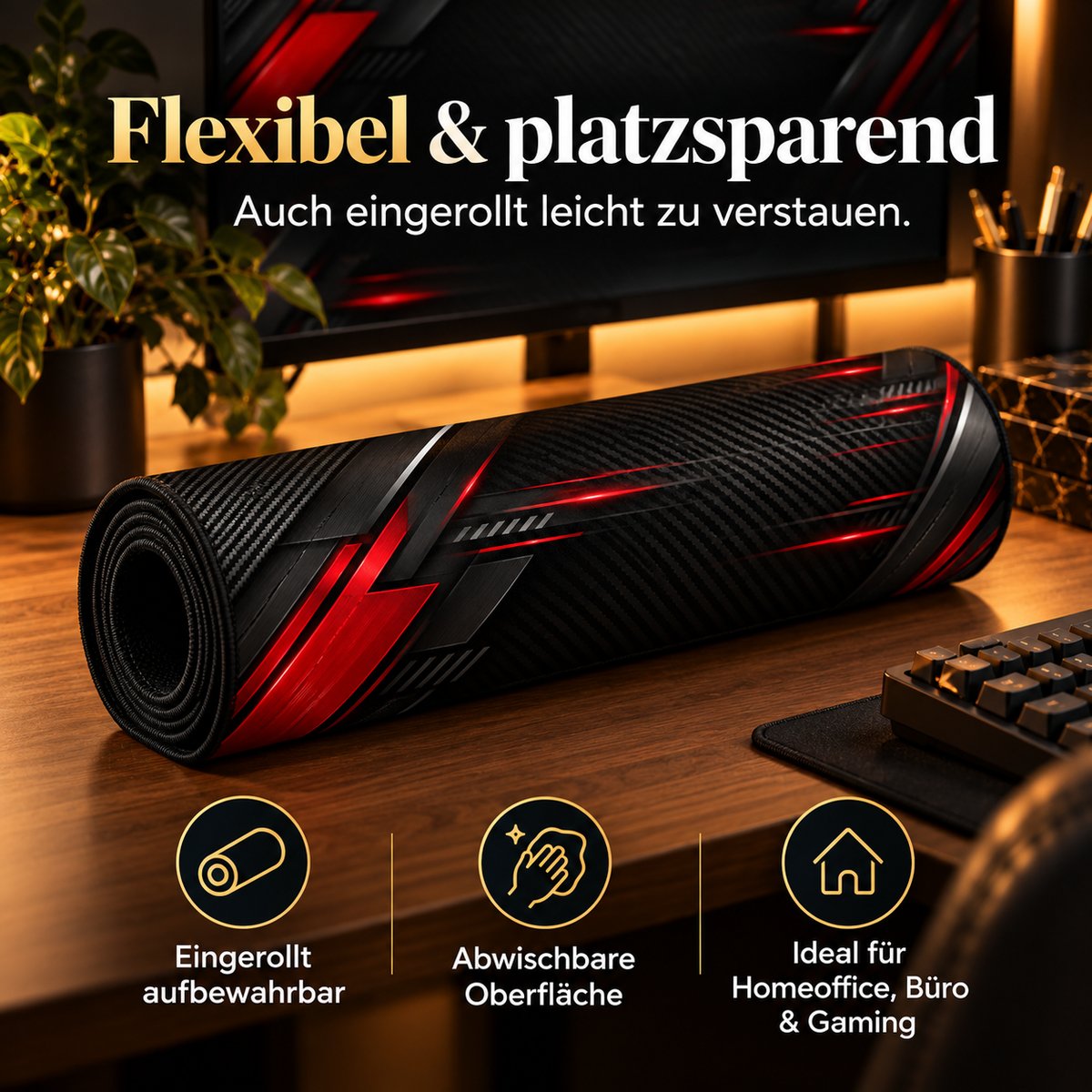 Carbon Racing Schreibtischunterlage flexibel und eingerollt