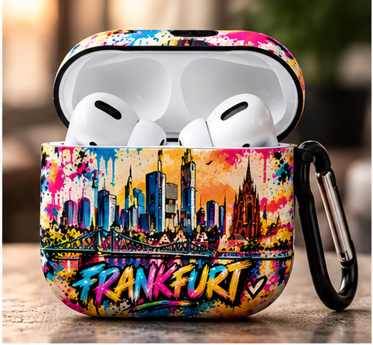 Geöffnetes Frankfurt Pop Art AirPods Case mit Earbuds