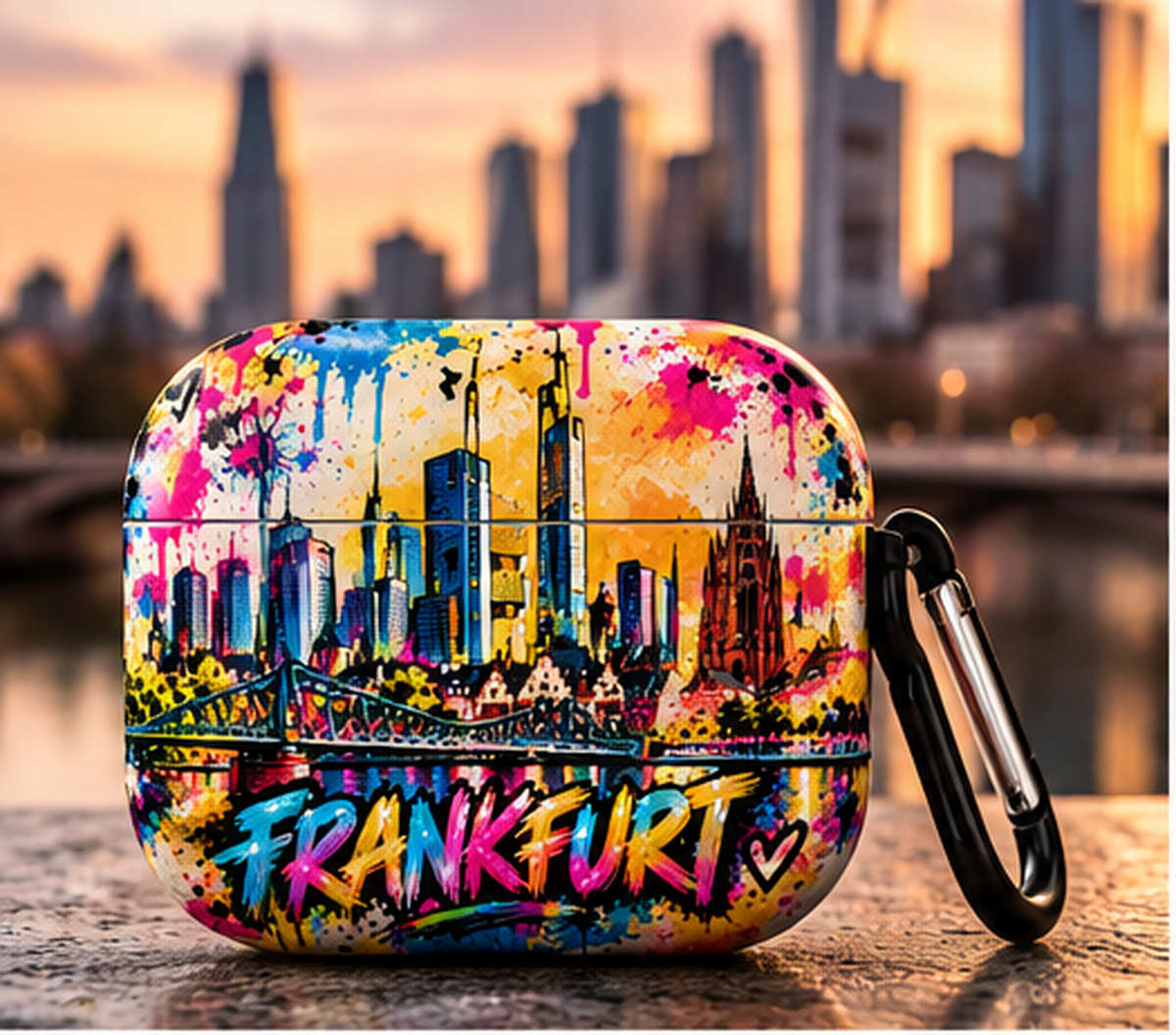 Frankfurt Pop Art AirPods Case mit Skyline und Karabiner