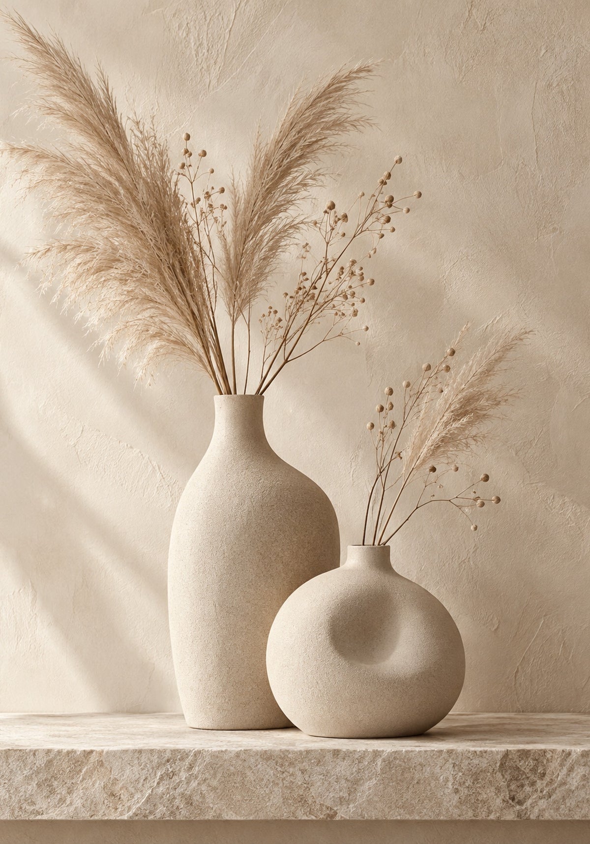 Beige Vasen mit Pampasgras – Leinwandbild in Creme und Naturtönen