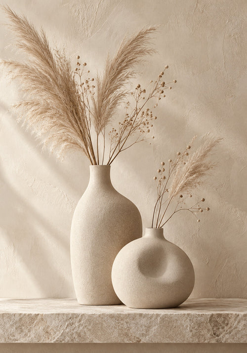 Beige Vasen mit Pampasgras – Leinwandbild in Creme und Naturtönen