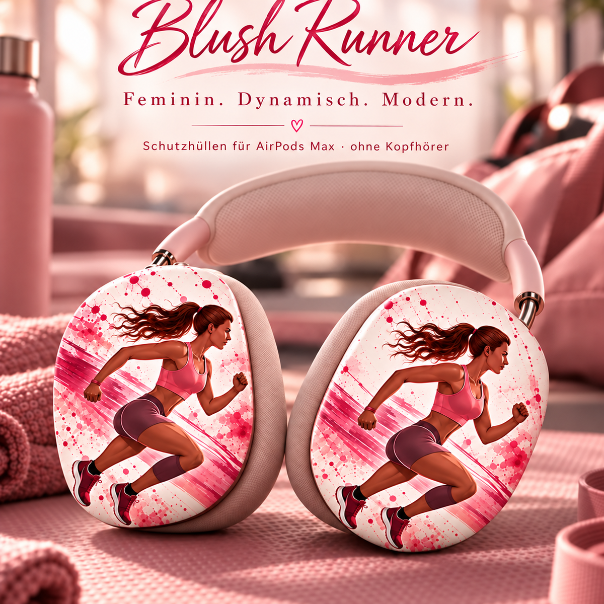 Blush Runner AirPods Max Schutzhüllen – korrigiertes Premium-Mockup mit vollständiger Läuferin auf beiden Ohrmuscheln