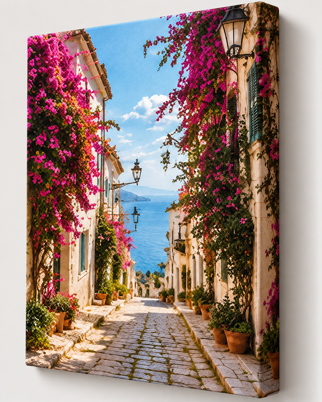 Mediterrane Gasse mit Bougainvillea – Detailansicht der Leinwand und bedruckten Kante