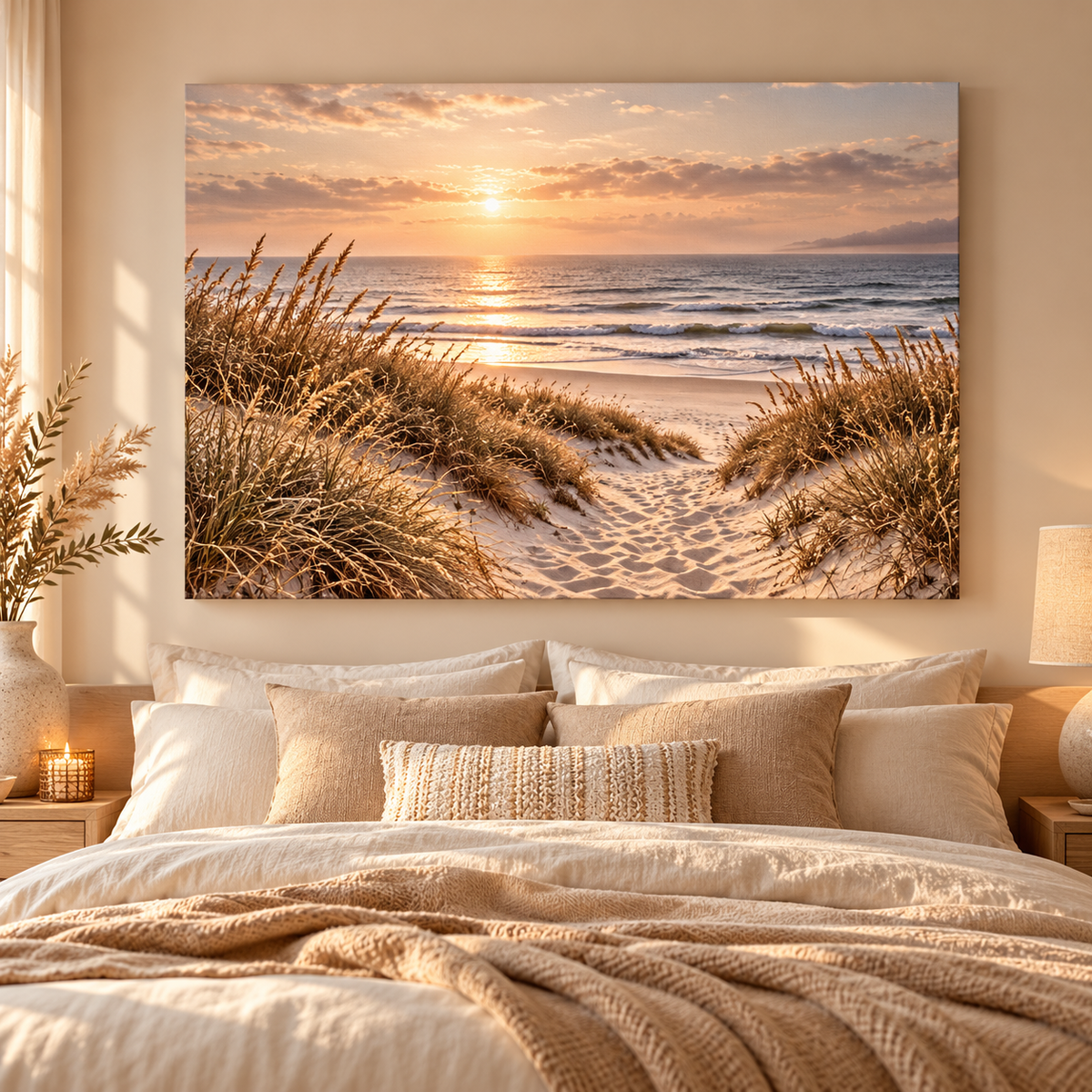 Dünenpfad zum Meer im Abendlicht – Leinwand im beigen Schlafzimmer ohne Pfosten
