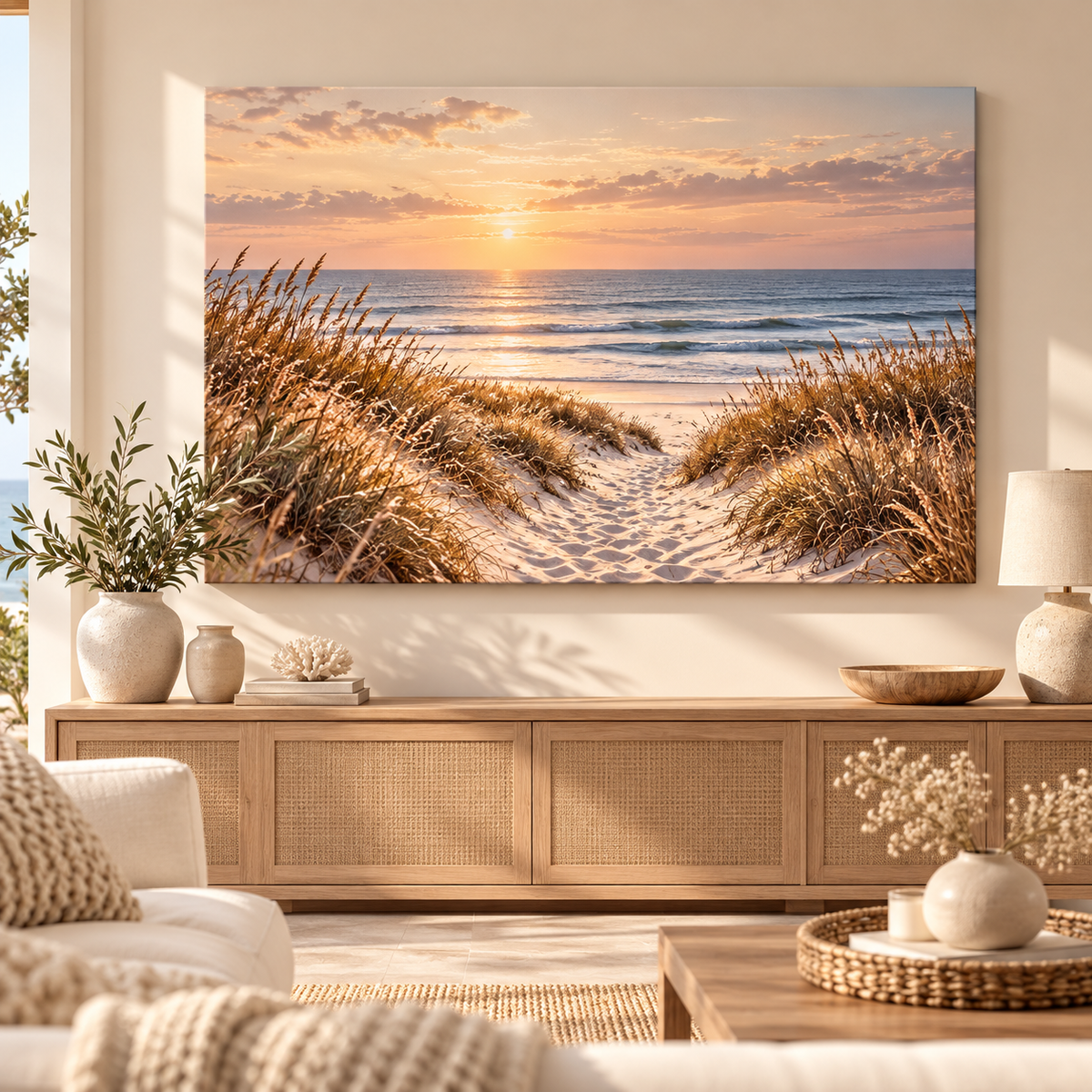 Dünenpfad zum Meer im Abendlicht – Leinwand im warmen Wohnzimmer mit Holzkonsole ohne Pfosten