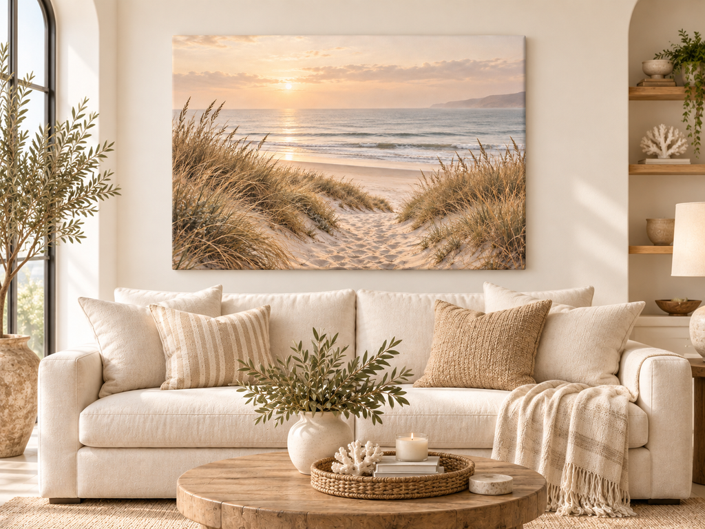 Dünenpfad zum Meer im Abendlicht als Leinwand im hellen Küsten-Wohnzimmer
