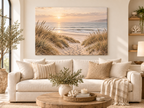 Dünenpfad zum Meer im Abendlicht als Leinwand im hellen Küsten-Wohnzimmer