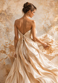 Elegante Frau im fließenden Kleid – Leinwandbild in Beige, Creme & Gold