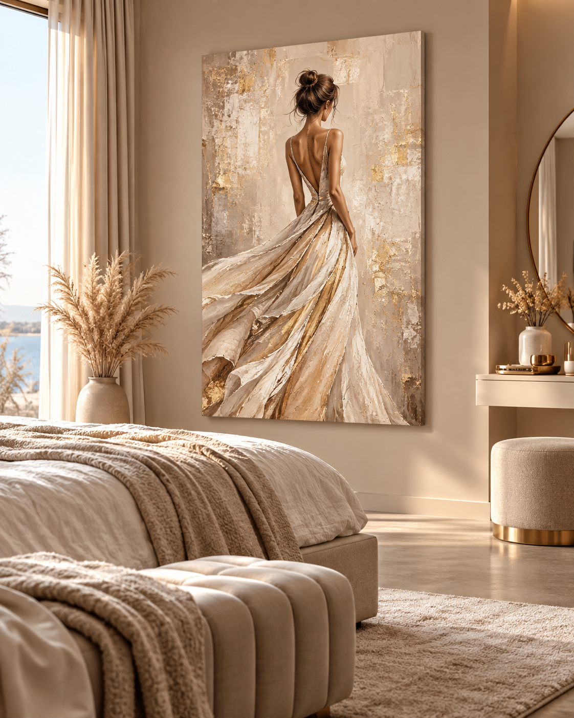 Elegante Frau in Beige Creme und Gold als Leinwand in einem luxuriösen Schlafzimmer