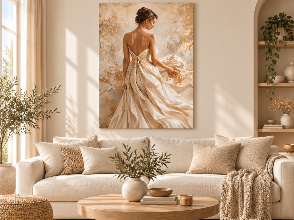 Elegante Frau im fließenden Kleid als Leinwand im hellen Wohnzimmer