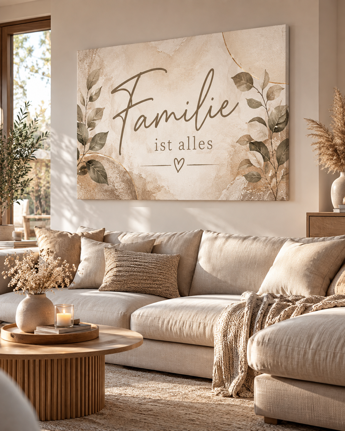 Familie ist alles Leinwandbild in Beige und Creme in einem warmen modernen Wohnzimmer