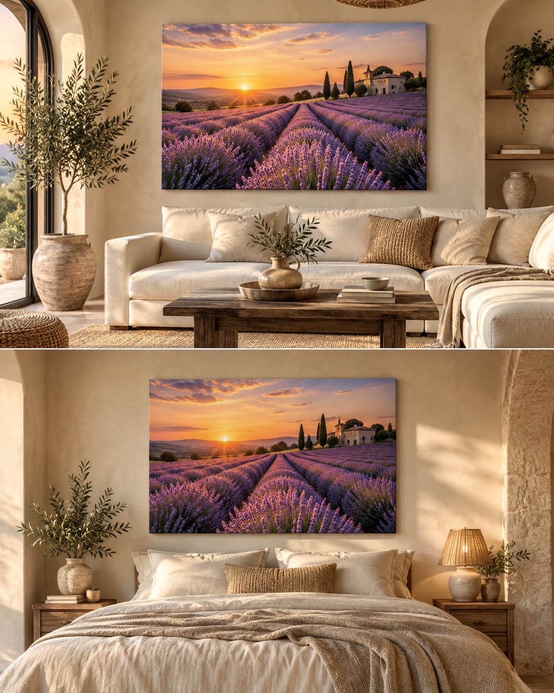 Lavendelfeld bei Sonnenuntergang als Leinwand in zwei warmen mediterranen Wohnsituationen