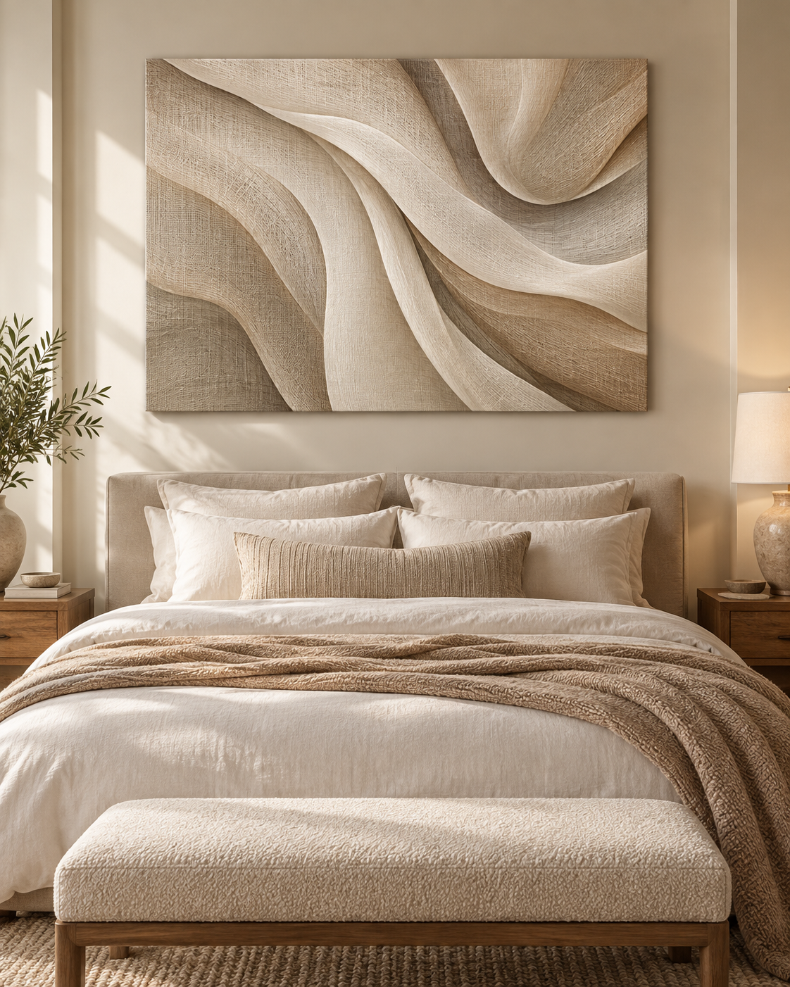 Abstrakte Leinenfalten Leinwandbild in einem ruhigen beigen Schlafzimmer