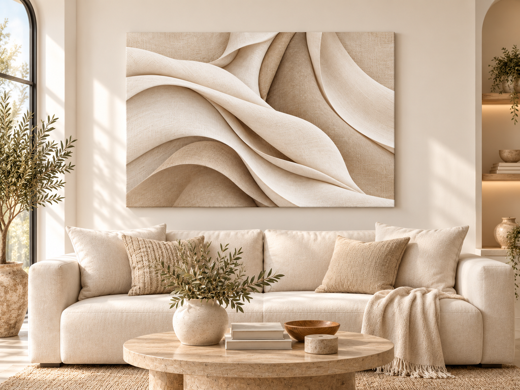 Abstrakte Leinenfalten in Beige und Creme als Leinwand im minimalistischen Wohnzimmer