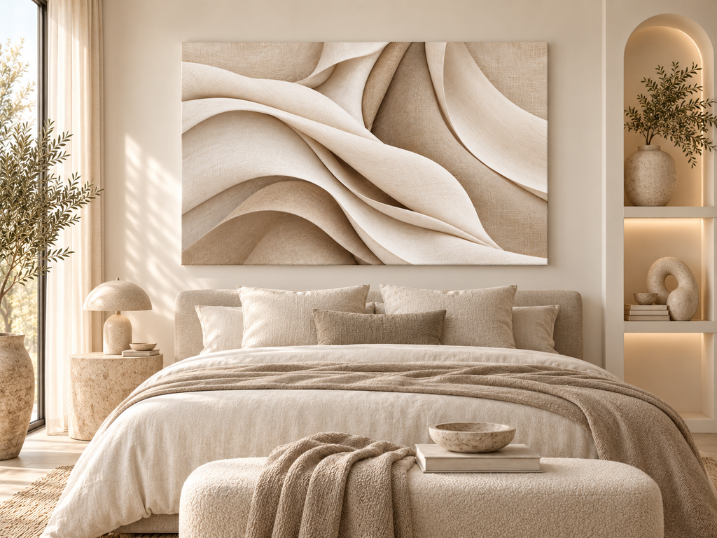 Abstrakte Leinenfalten in Beige und Creme als Leinwand in einem hellen Schlafzimmer