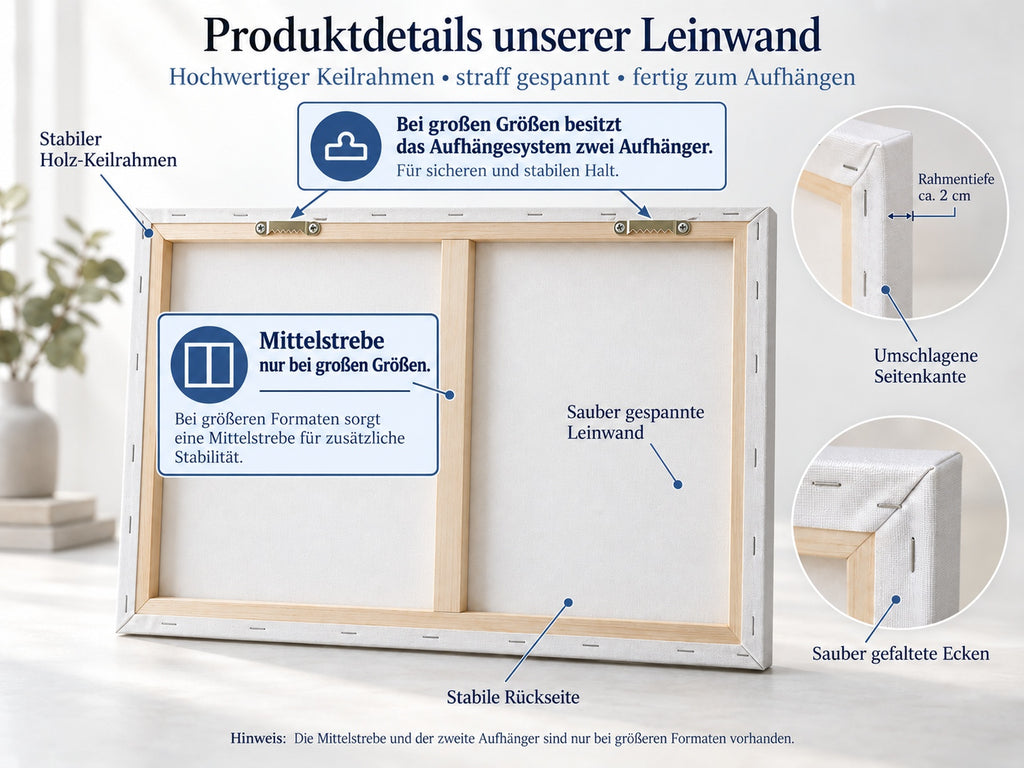 Produktdetails unserer Leinwand – Rückseite mit Keilrahmen, Aufhängern und ca. 2 cm Rahmentiefe