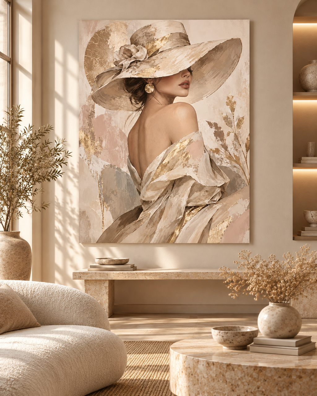 Frauen in Beige Goldener Sonnenhut – Raumansicht als Gestaltungsbeispiel, kein physischer Artikel