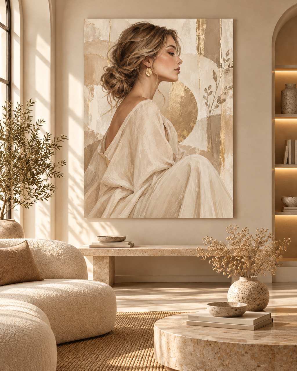 Frauen in Beige Elegantes Seitenprofil – Raumansicht als Gestaltungsbeispiel, kein physischer Artikel