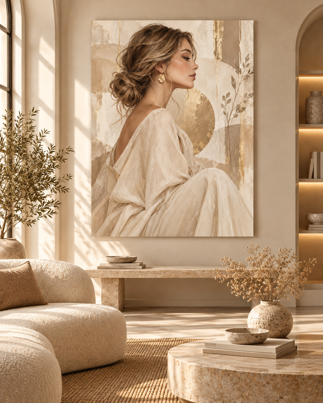 Frauen in Beige Elegantes Seitenprofil – Raumansicht als Gestaltungsbeispiel, kein physischer Artikel