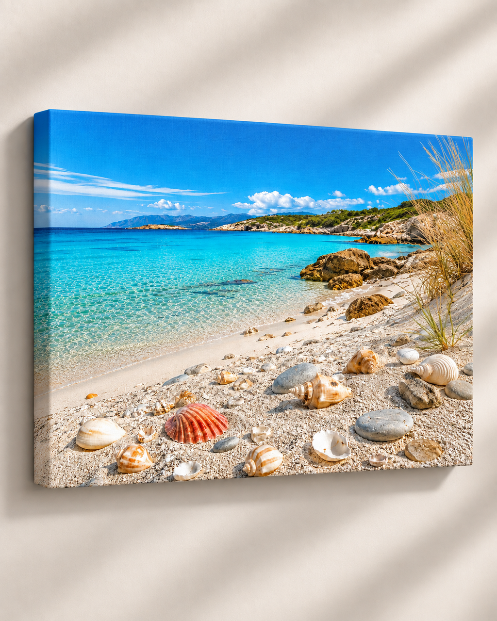 Muschelstrand mit türkisblauem Meer – ergänzende Leinwandansicht auf neutralem Hintergrund