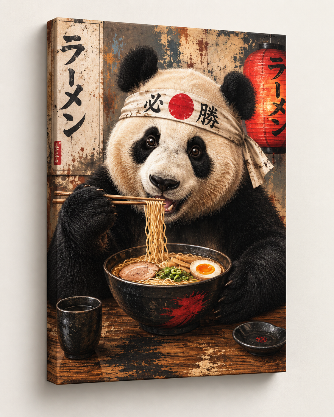 Panda mit Ramen – ergänzende Leinwandansicht auf neutralem Hintergrund