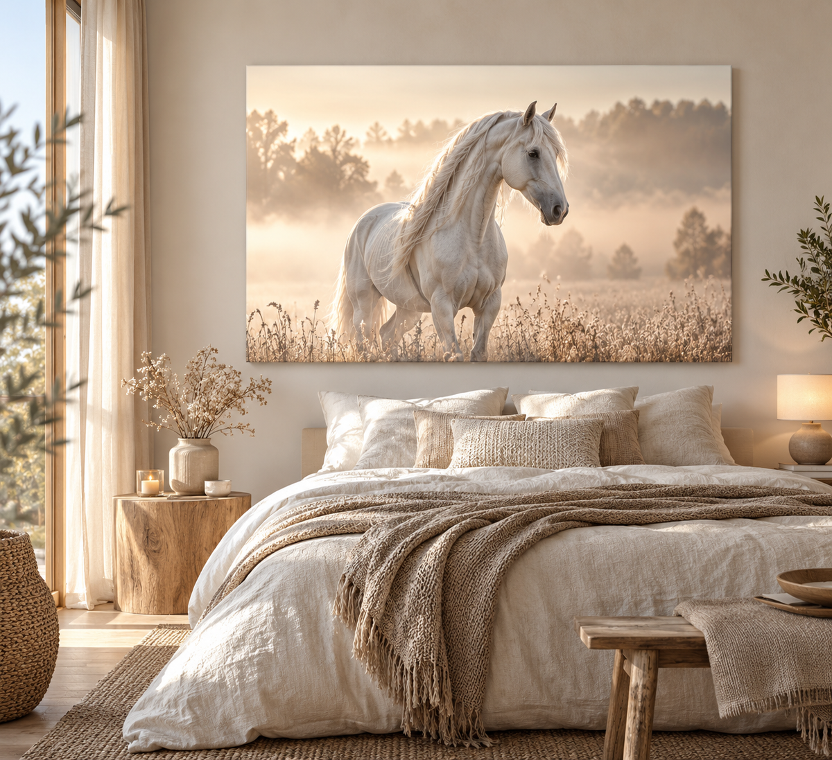 Weißes Pferd im Morgennebel als Leinwand in einem ruhigen skandinavischen Schlafzimmer