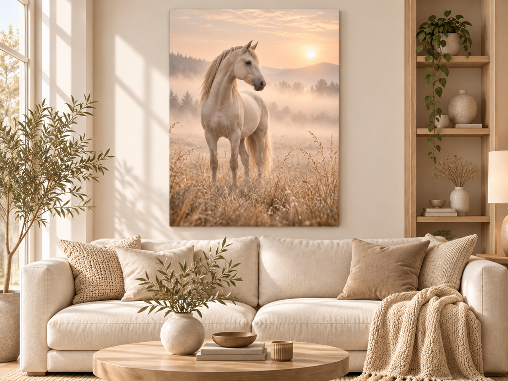 Weißes Pferd im Morgennebel als Leinwand im skandinavischen Wohnzimmer