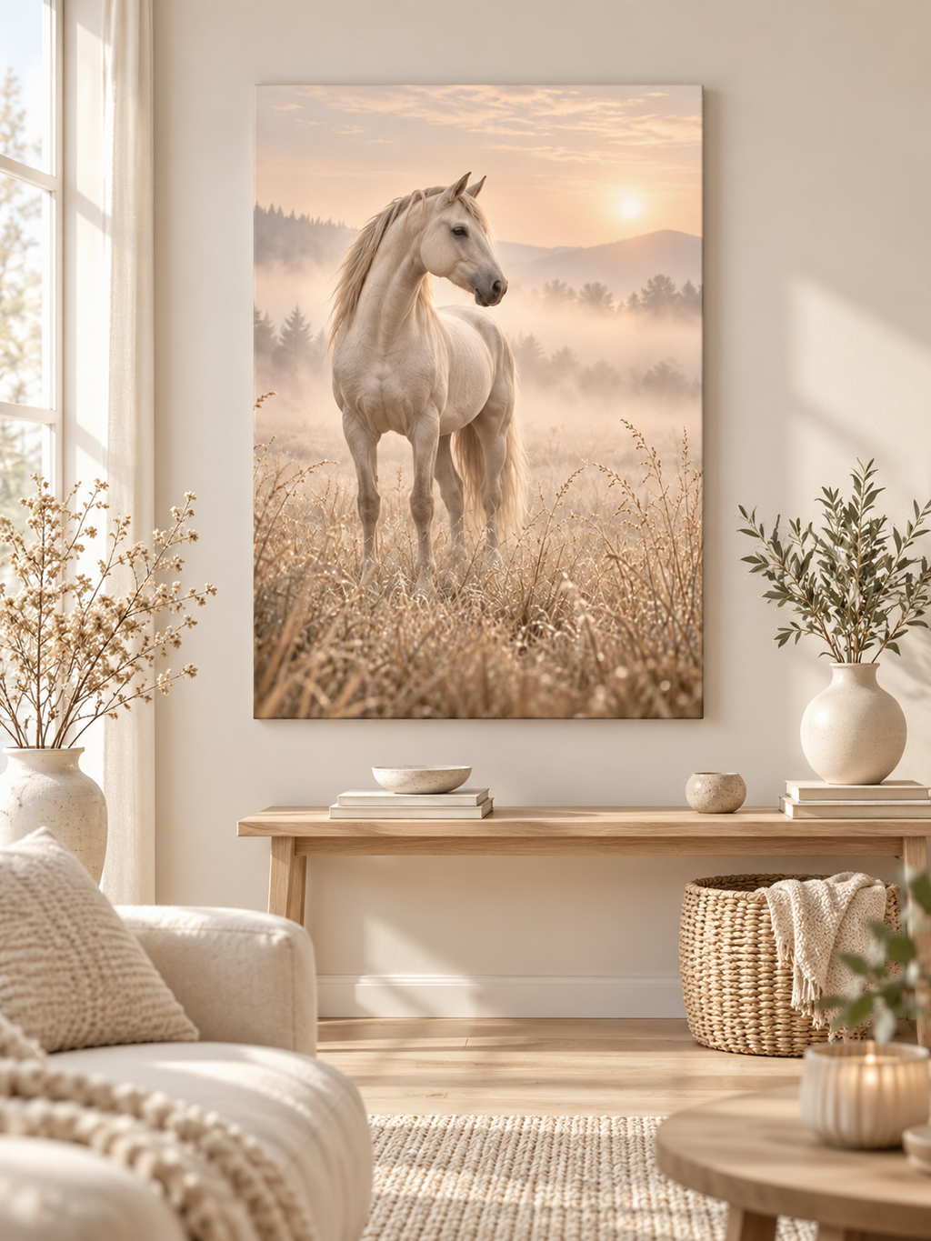 Weißes Pferd im Morgennebel als Leinwand in einem ruhigen skandinavischen Wohnraum