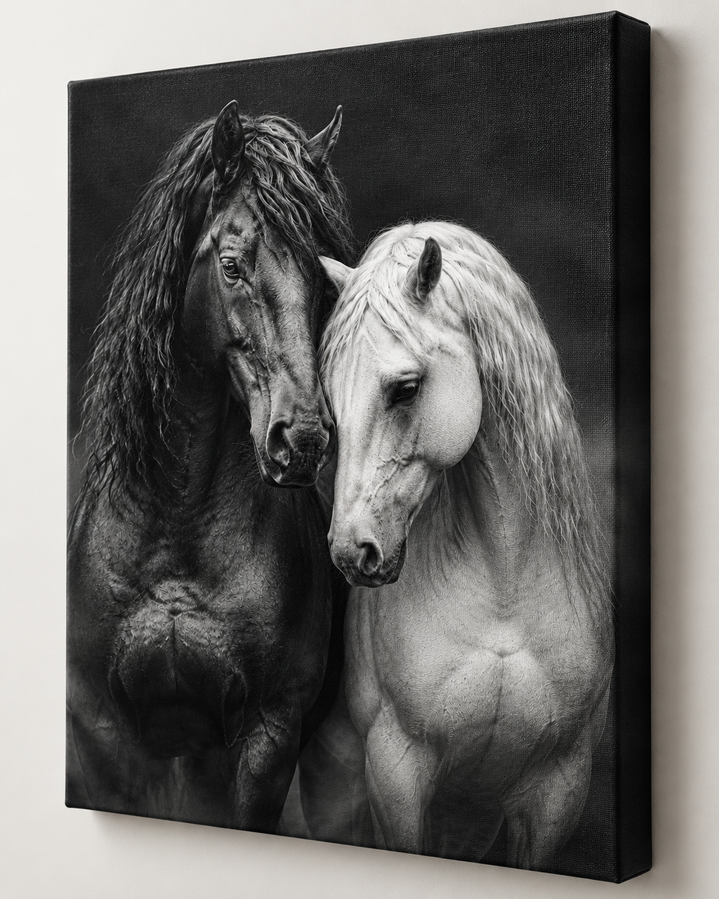 Schwarzes und weißes Pferd – Detailansicht der Leinwand und bedruckten Kante