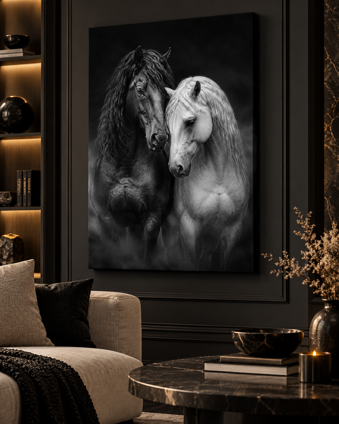 Schwarzes und weißes Pferd – Leinwand im dunklen Wohnzimmer