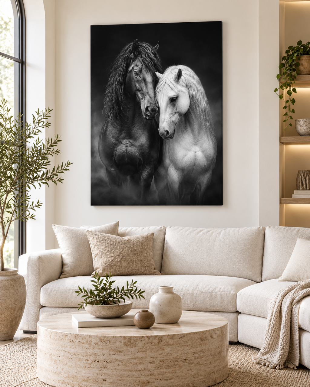 Schwarzes und weißes Pferd – Leinwand im hellen Wohnzimmer