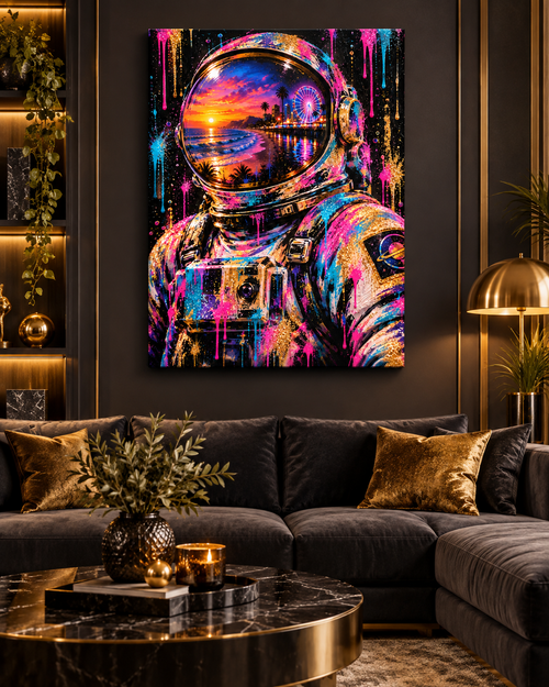 Astronaut Neon Pop Art Leinwandbild im modernen Wohnzimmer