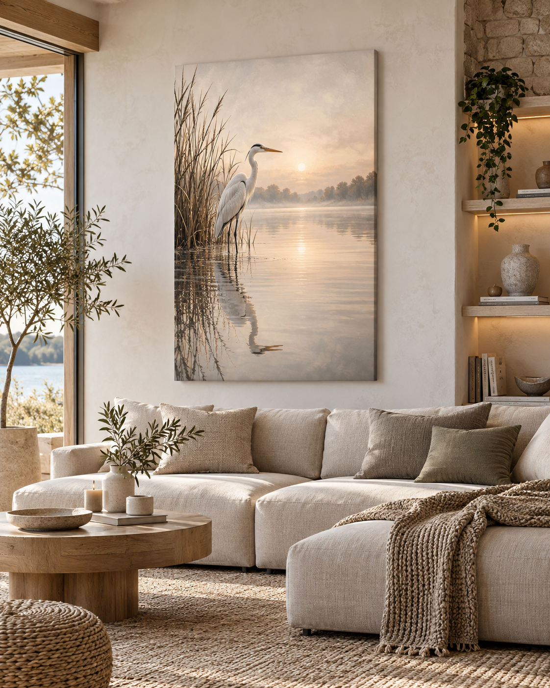 Weißer Reiher am stillen See als Leinwand in einem hellen natürlichen Wohnzimmer
