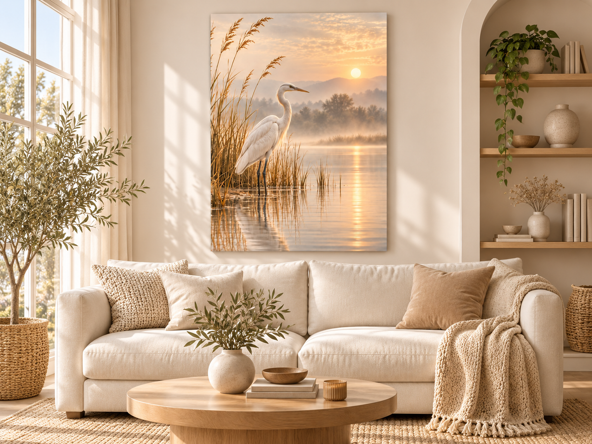 Weißer Reiher am stillen See als Leinwand im hellen Boho-Wohnzimmer