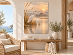 Weißer Reiher am stillen See als Leinwand in einem hellen Küsten-Boho-Wohnraum