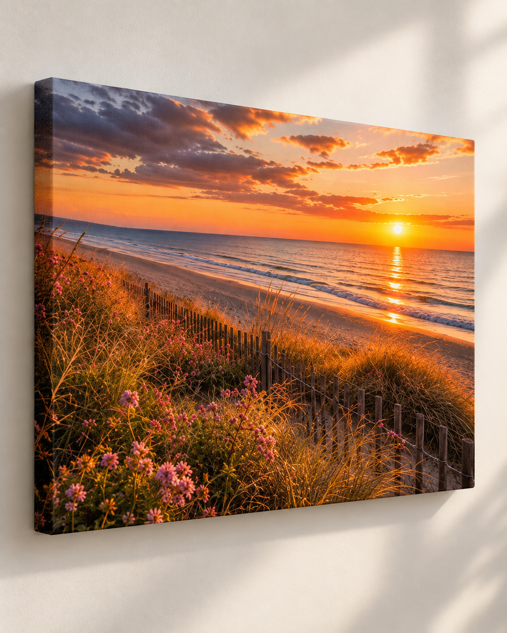 Sonnenuntergang mit Dünenblumen – ergänzende Leinwandansicht auf neutralem Hintergrund