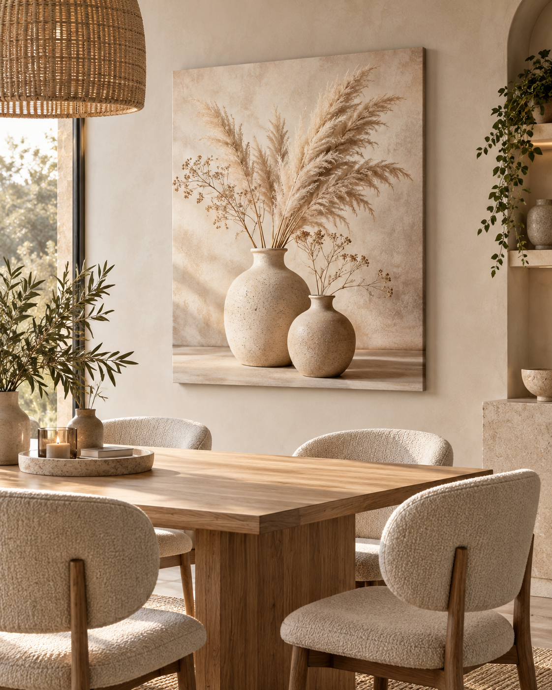 Beige Vasen mit Pampasgras als Leinwand in einem warmen minimalistischen Essbereich
