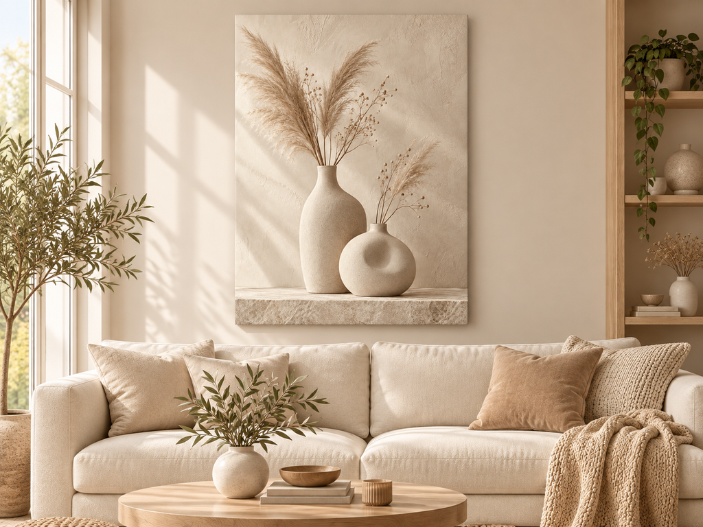 Beige Vasen mit Pampasgras als Leinwand im skandinavischen Wohnzimmer