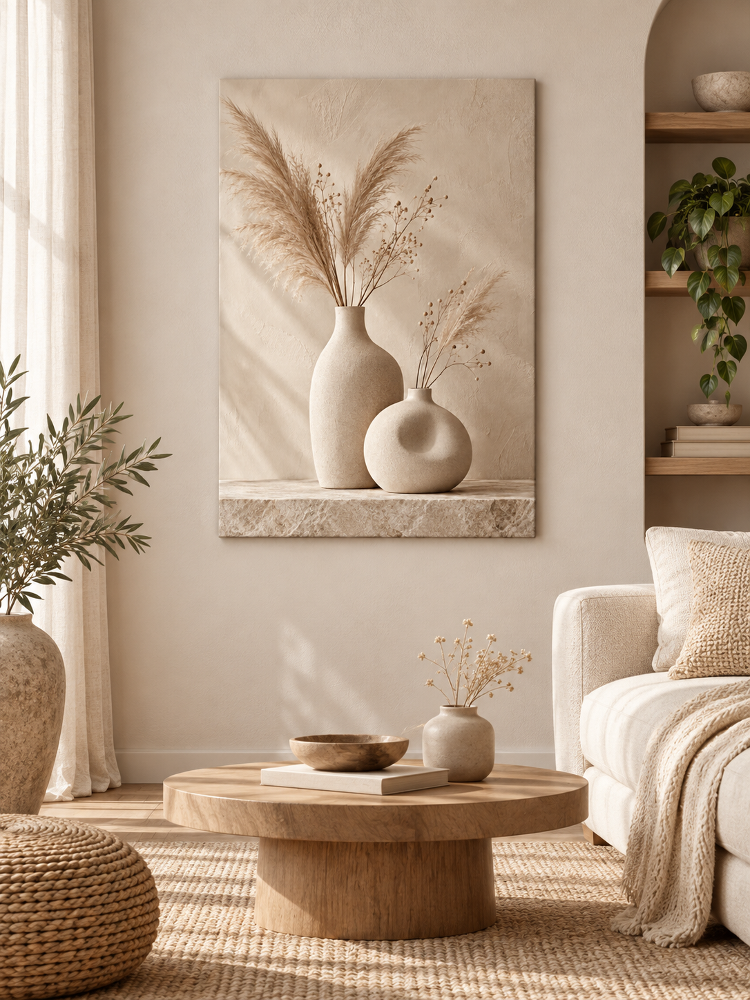 Beige Vasen mit Pampasgras als Leinwand in einem ruhigen Boho-Wohnzimmer