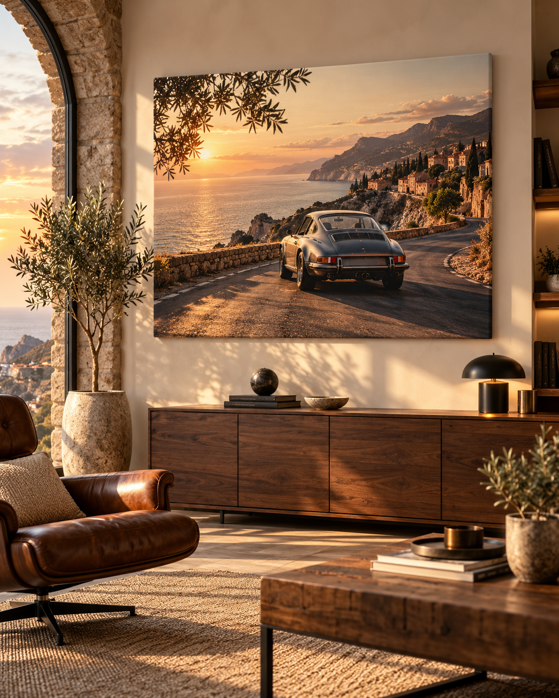 Vintage Sportwagen an der Mittelmeerküste als Leinwand in einem stilvollen warmen Wohnraum
