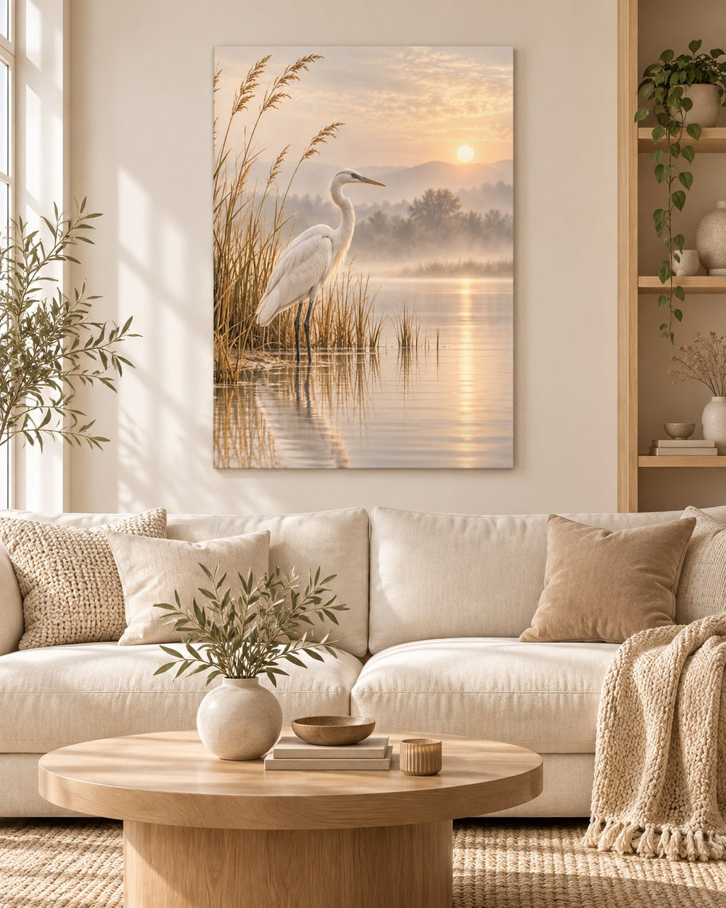 Weißer Reiher am stillen See – Leinwandbild in Beige & Creme